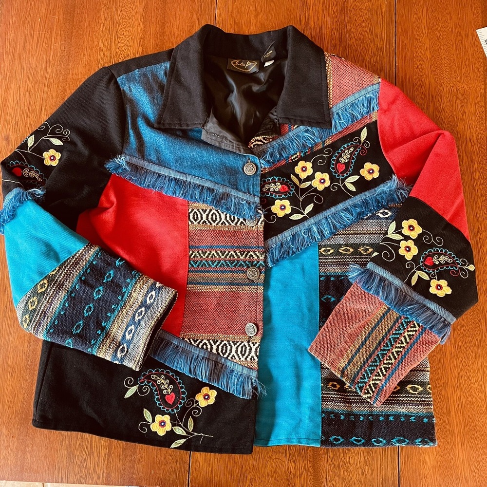 Vtg Julia Kim Sz M Denim Jacket Embroidered Patchwork Boho Art Floral Stagecoach